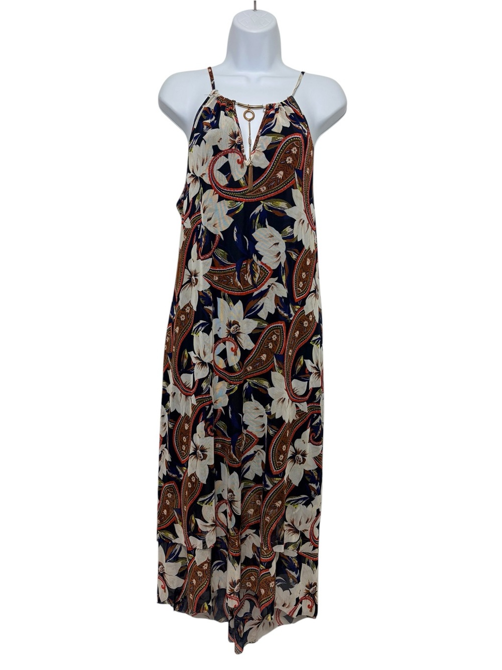 Mlle Gabrielle Boho Floral Paisley Summer Dress Gold Hardware Neck Detail SzL